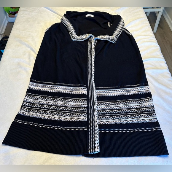 Vince Sweaters - Vince Long Open Cardigan Knit Vest Black With White Stripe Design Cotton Size S